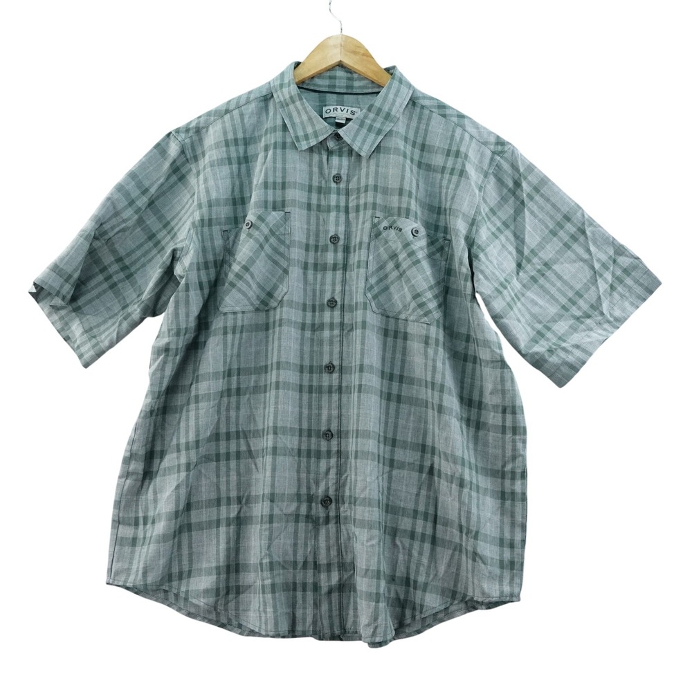 Orvis Mens XXL Green Plaid Fishing Hiking Short Sleeve Button Up Shirt Stretch